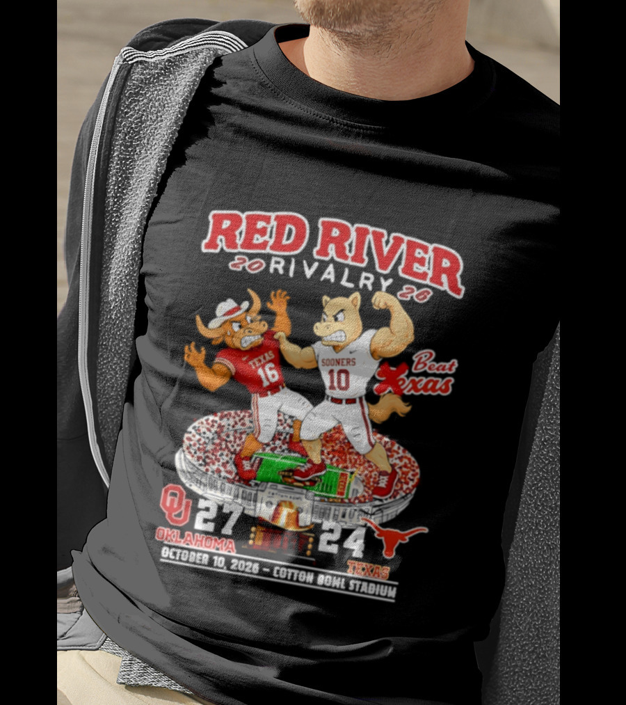 Red River Rivalry 2026 Oklahoma Sooners 27 Texas 24 October 10 Cotton Bowl Stadium T-Shirt