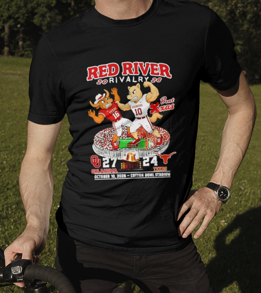 Red River Rivalry 2026 Oklahoma Sooners 27 Texas 24 October 10 Cotton Bowl Stadium T-Shirt