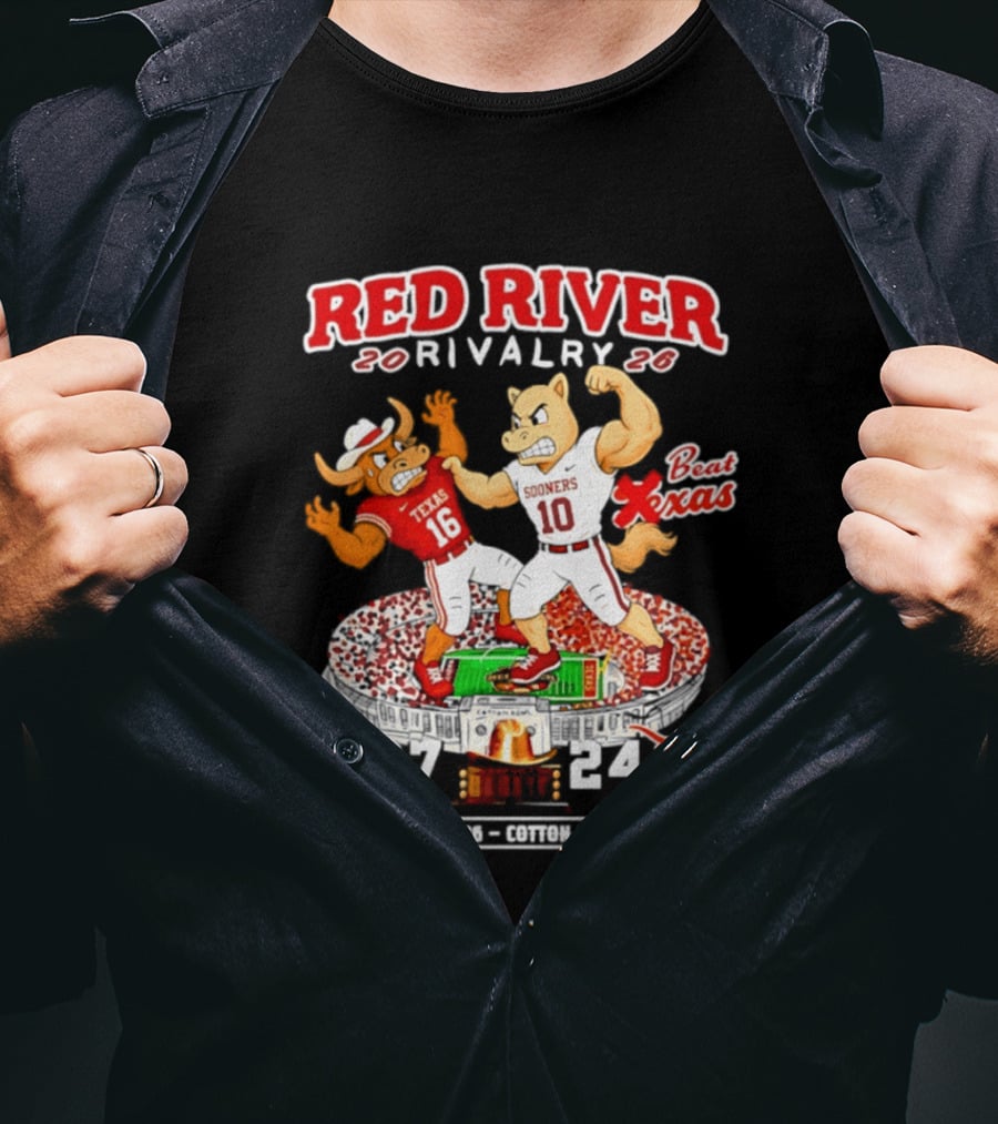 Red River Rivalry 2026 Oklahoma Sooners 27 Texas 24 October 10 Cotton Bowl Stadium T-Shirt