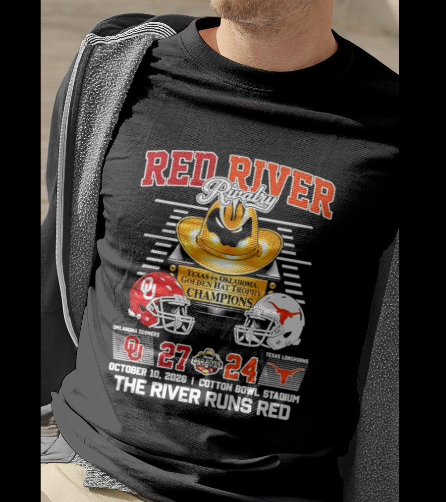 Oklahoma Sooners Red River 2026 The River Runs Red 27 24 Cotton Bowl Stadium T-Shirt