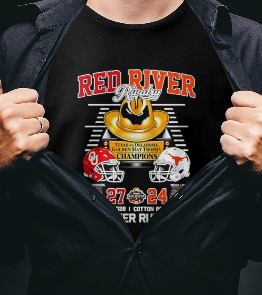 Oklahoma Sooners Red River 2026 The River Runs Red 27 24 Cotton Bowl Stadium T-Shirt
