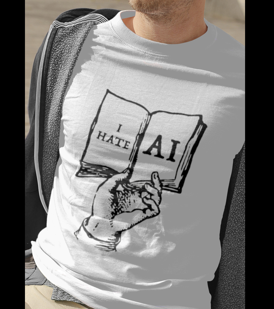 I Hate AI Artificial Intelligence Technology Text On Open Book T-Shirt