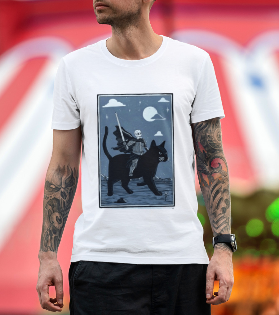 Skeleton Knight On Black Cat Under Moon And Stars Idle Hands Invite Mischief T-Shirt