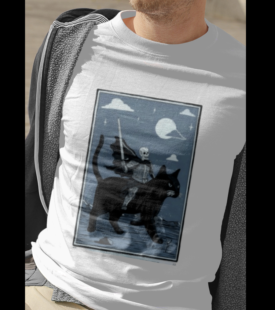 Skeleton Knight On Black Cat Under Moon And Stars Idle Hands Invite Mischief T-Shirt