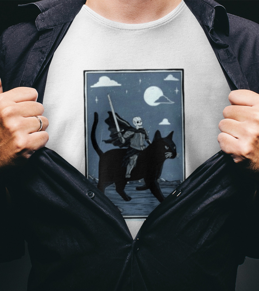 Skeleton Knight On Black Cat Under Moon And Stars Idle Hands Invite Mischief T-Shirt