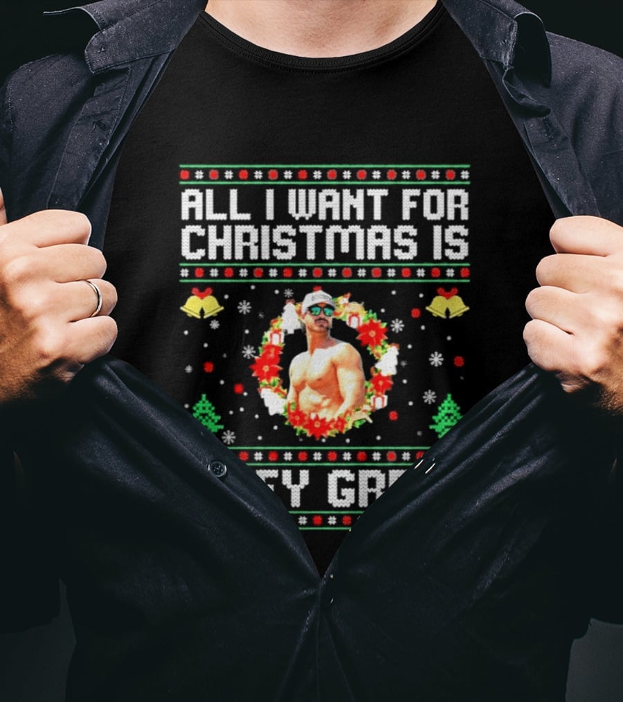 All I Want For Christmas Is Riley Green Ugly Christmas Sweater Holiday Bells Wreath Snowflakes Trees T-Shirt