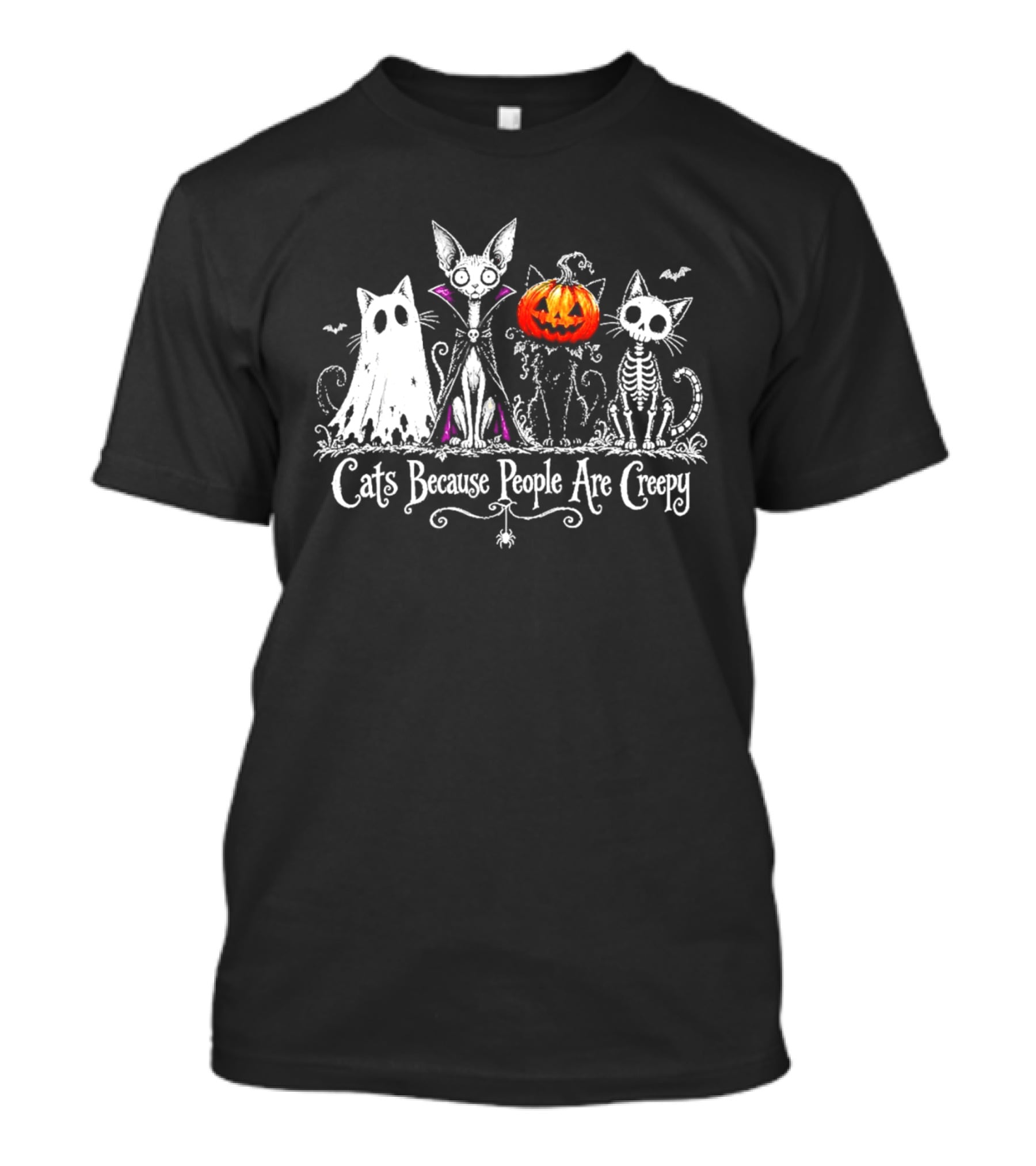 Cats Because People Are Creepy Halloween Cat Pumpkin Skeleton T-Shirt