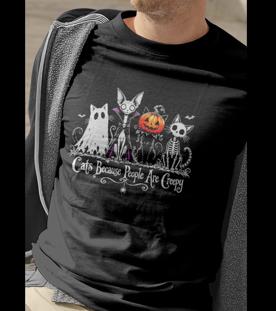 Cats Because People Are Creepy Halloween Cat Pumpkin Skeleton T-Shirt