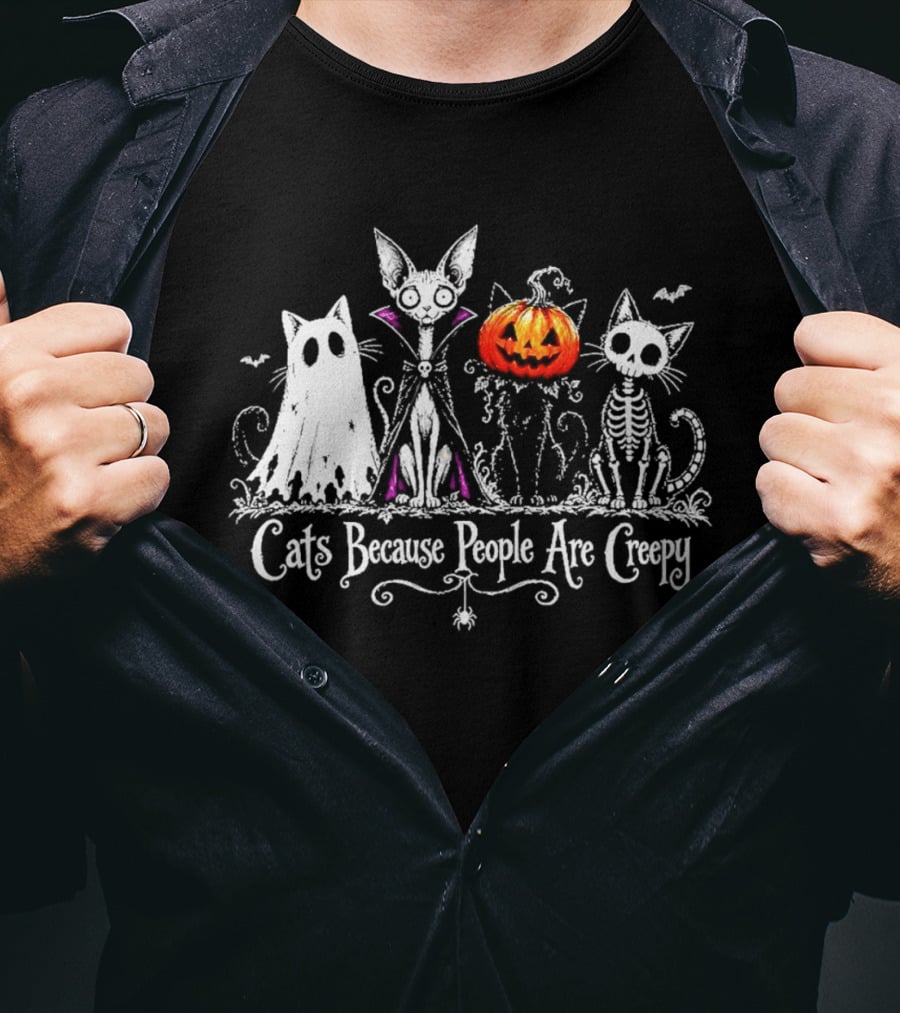 Cats Because People Are Creepy Halloween Cat Pumpkin Skeleton T-Shirt