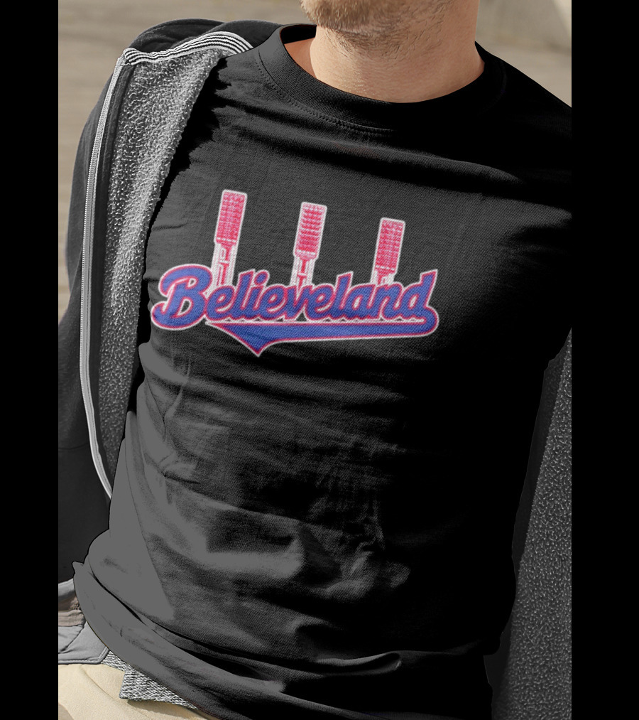 Cleveland Guardians Believeland City Skyline With Retro Baseball Bat Landmarks T-Shirt
