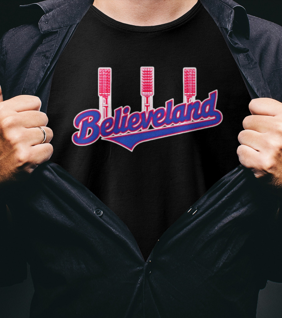 Cleveland Guardians Believeland City Skyline With Retro Baseball Bat Landmarks T-Shirt