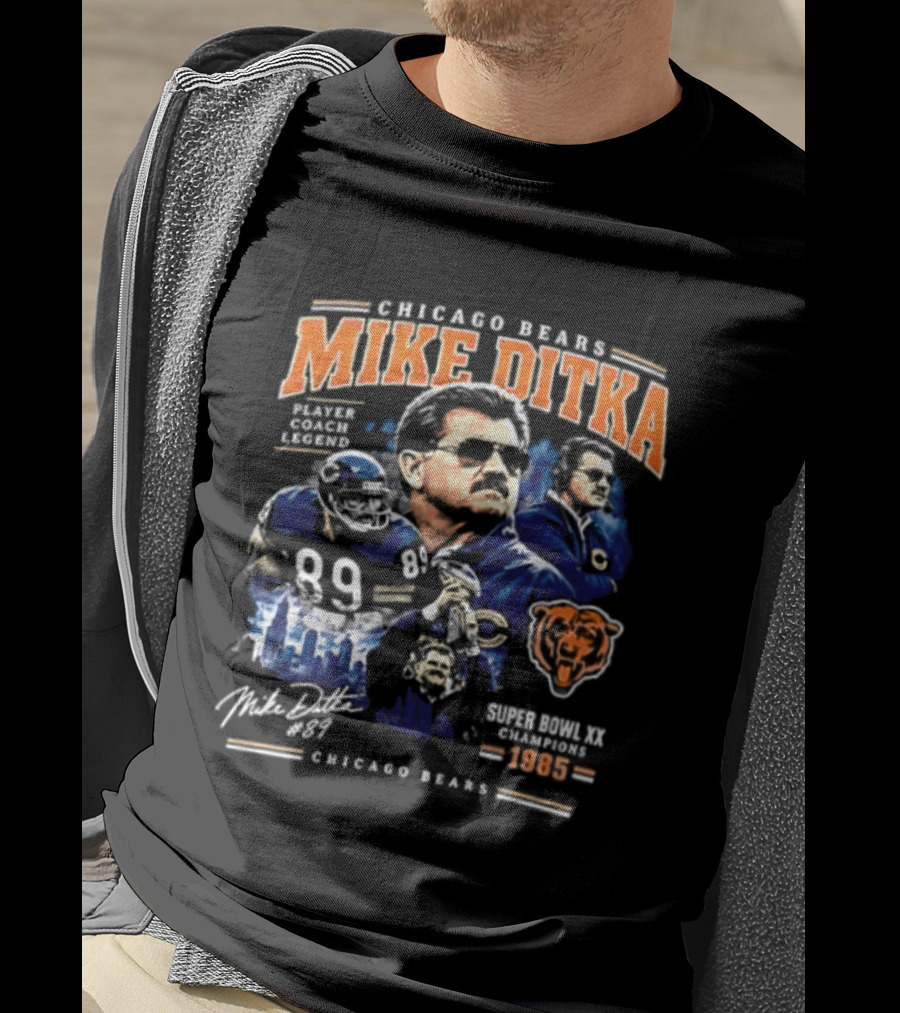 Chicago Bears Mike Ditka 89 Player Coach Legend 1985 Football 2 Sided T-Shirt