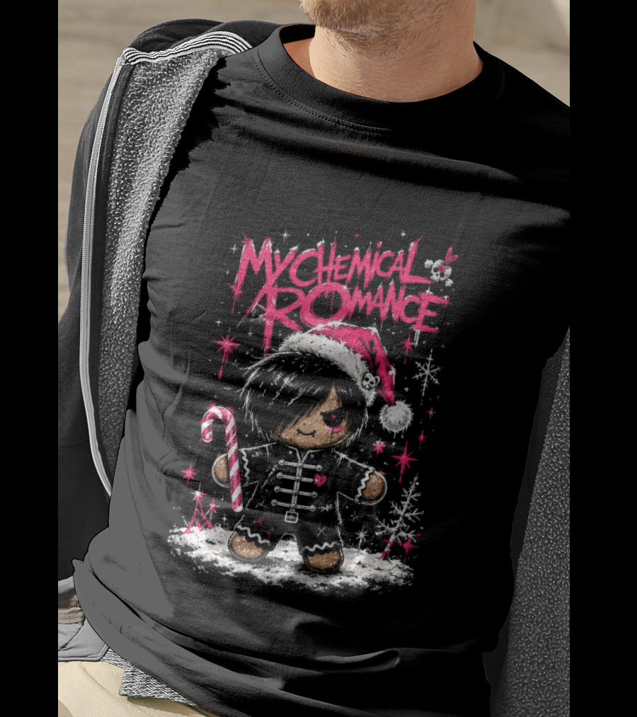 My Chemical Romance Emo Gingerbread Man Pink Christmas Parade With Candy Cane Santa Hat T-Shirt