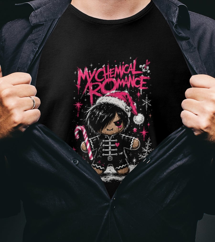 My Chemical Romance Emo Gingerbread Man Pink Christmas Parade With Candy Cane Santa Hat T-Shirt