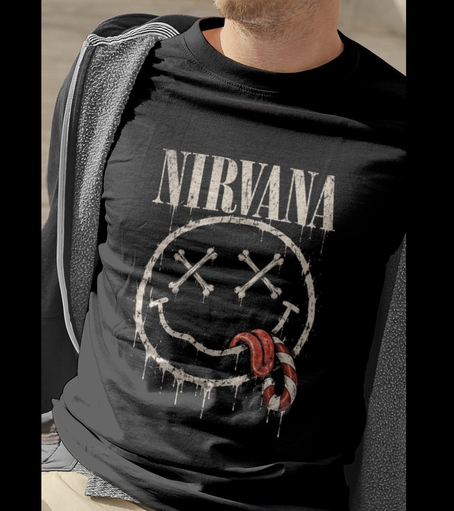 Nirvana Skeleton Smiley Candy Cane Christmas For Grunge Rock Lovers T-Shirt