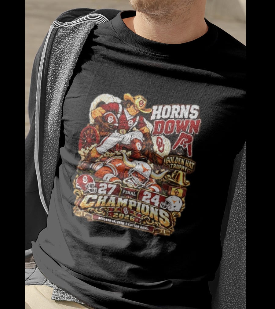 Oklahoma 27 24 Texas Red River Showdown Horns Down Golden Hat Trophy Champions 2026 T-Shirt