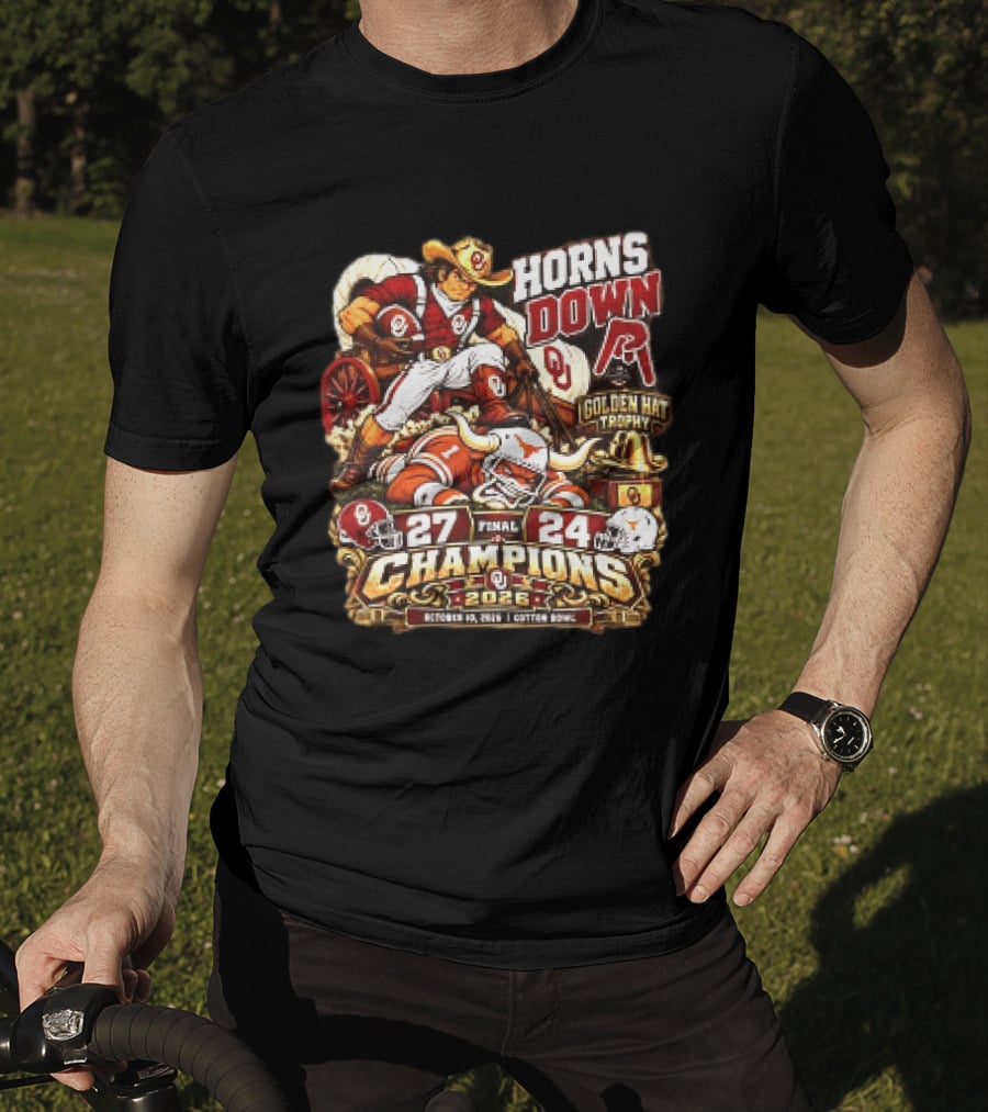 Oklahoma 27 24 Texas Red River Showdown Horns Down Golden Hat Trophy Champions 2026 T-Shirt