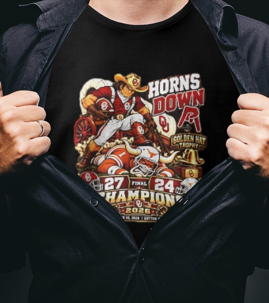Oklahoma 27 24 Texas Red River Showdown Horns Down Golden Hat Trophy Champions 2026 T-Shirt