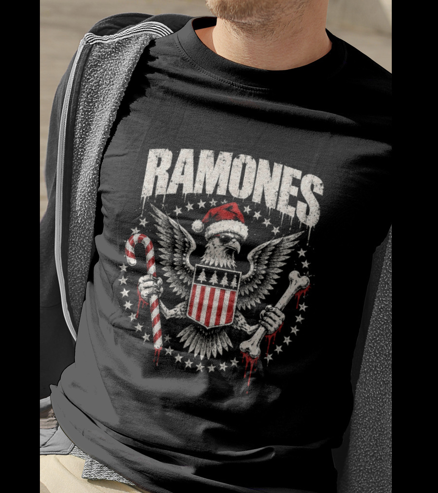 Ramones Hey Ho Santa Christmas Punk Rock Eagle Crest With Candy Cane And Bone T-Shirt