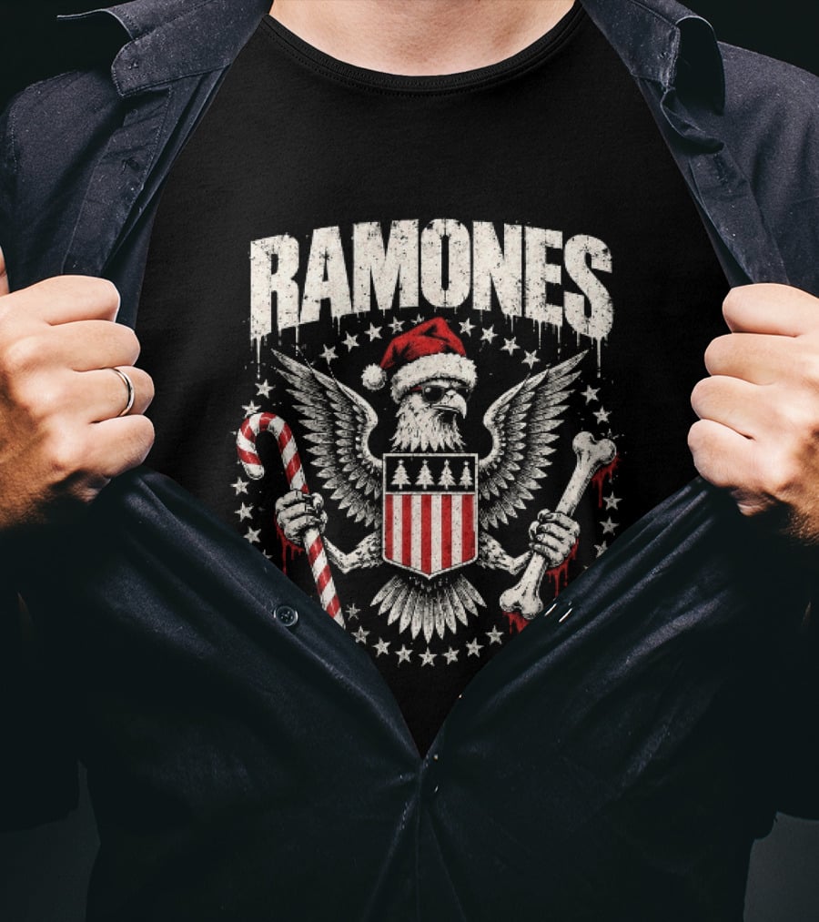 Ramones Hey Ho Santa Christmas Punk Rock Eagle Crest With Candy Cane And Bone T-Shirt