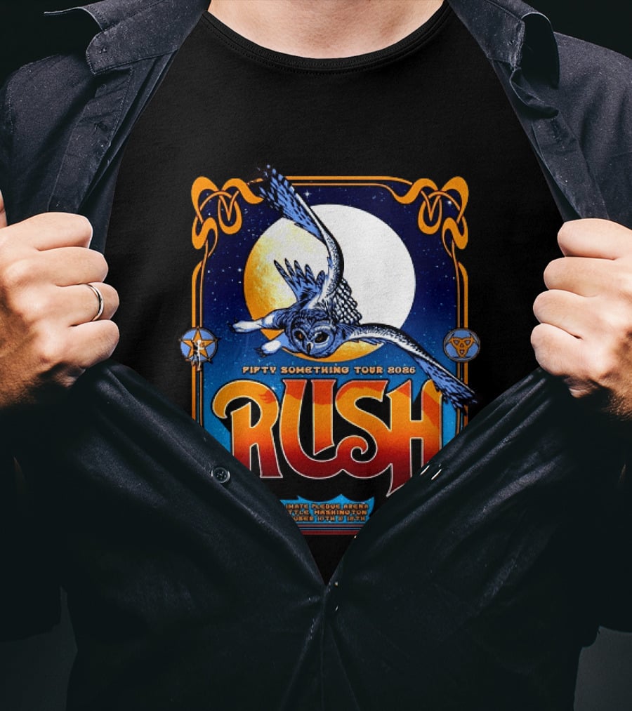 Rush Fifty Something Tour 2026 Seattle WA Climate Pledge Arena October 10th 12th Owl Lithograph T-Shirt