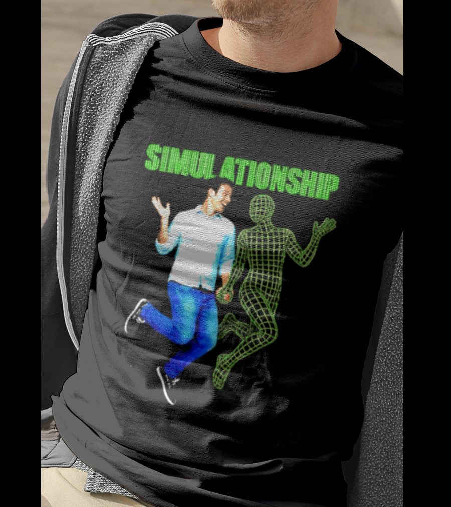 Simulationship Simulation Glitch Digital Jumping Man And Wireframe Figure T-Shirt
