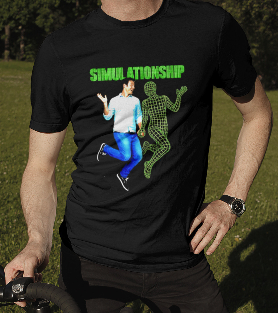 Simulationship Simulation Glitch Digital Jumping Man And Wireframe Figure T-Shirt