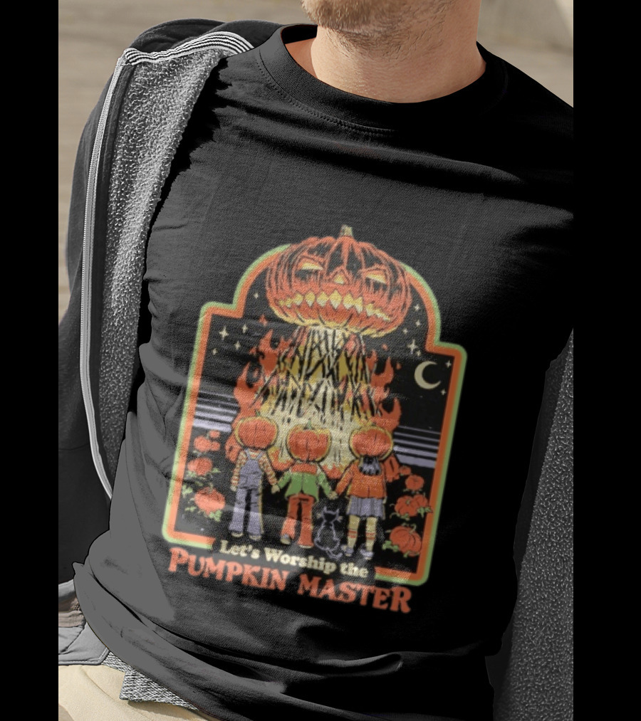 Let's Worship The Pumpkin Master Halloween Kids With Pumpkins And Cat T-Shirt