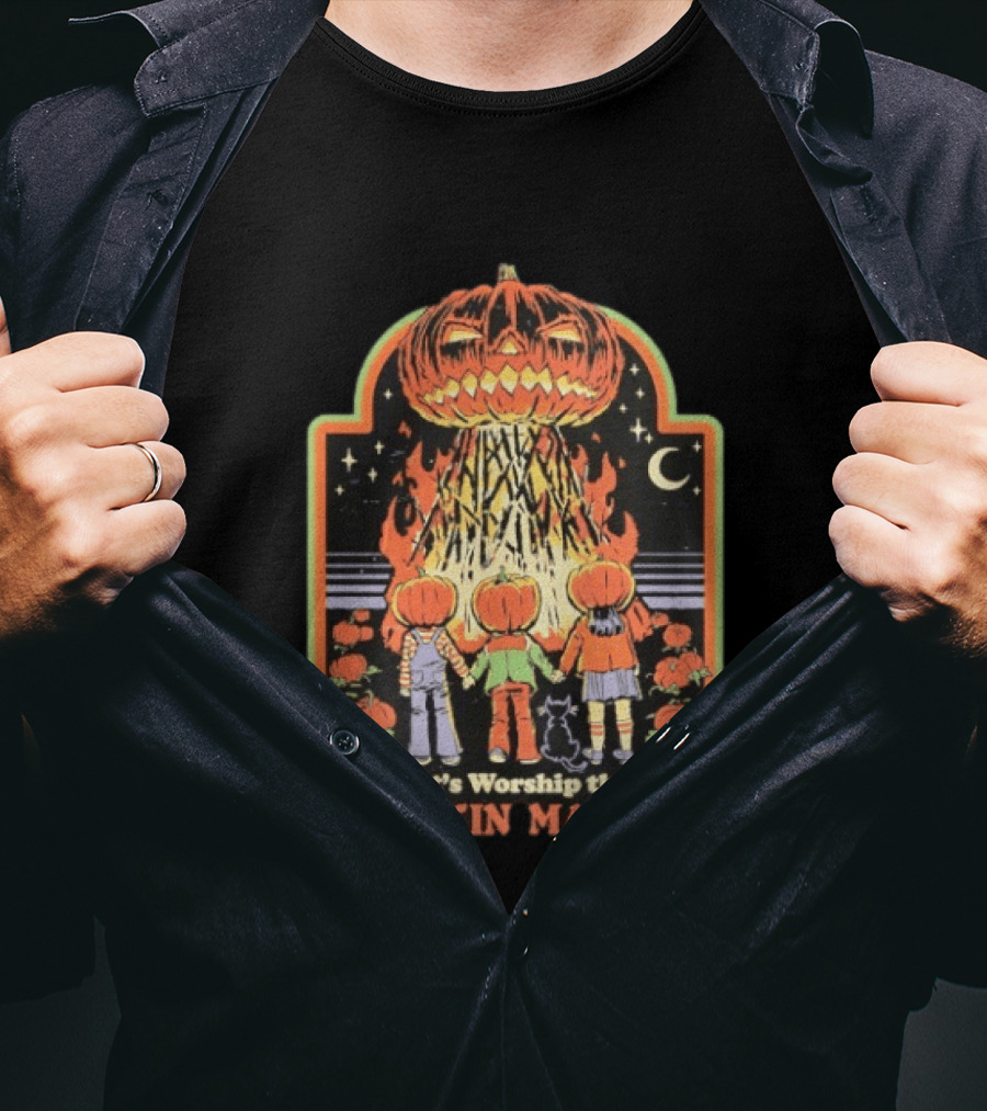 Let's Worship The Pumpkin Master Halloween Kids With Pumpkins And Cat T-Shirt