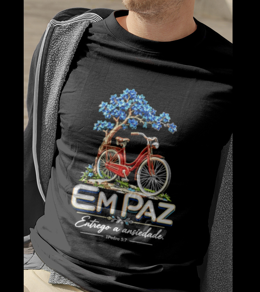 Em Paz Entrego A Ansiedade 1 Pedro 5 7 Bicicleta Árvore Flores Azuis T-Shirt