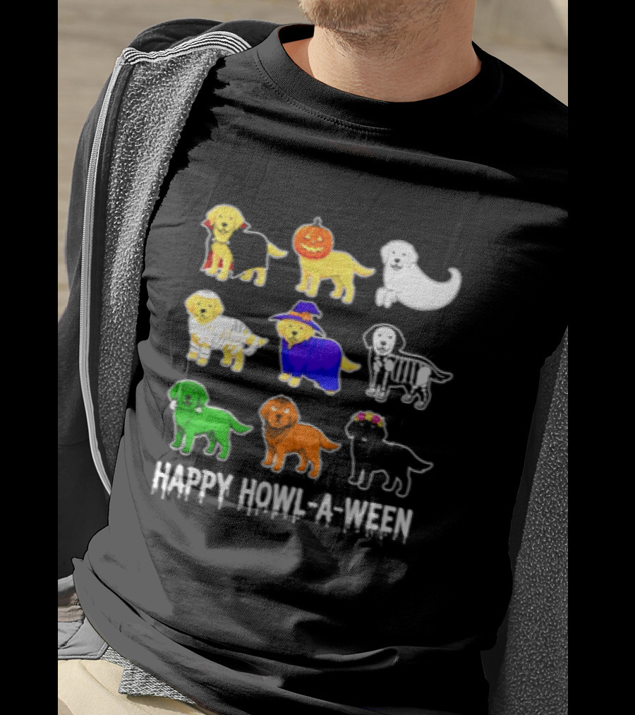 Happy Howl A Ween Dogs Halloween 2026 Pumpkin Witch Skeleton Costumes T-Shirt