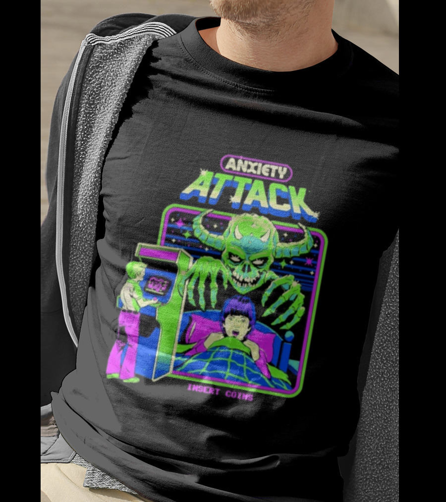 Retro Anxiety Attack Arcade Game Monster Steven Rhodes T-Shirt