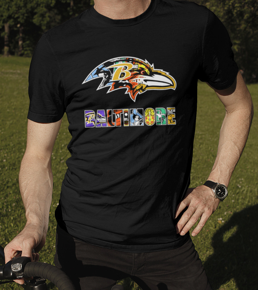 Baltimore Ravens Colorful Collage Art Ravens Head T-Shirt