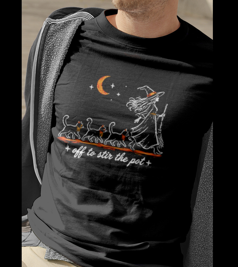 Off To Stir The Pot Witch Black Cats Halloween Moon Magic T-Shirt