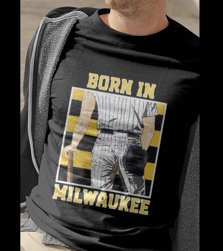 Born In Milwaukee Baseball Vintage Stripes Player Holding Cap T-Shirt