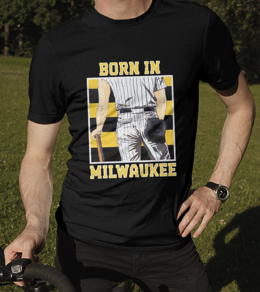 Born In Milwaukee Baseball Vintage Stripes Player Holding Cap T-Shirt