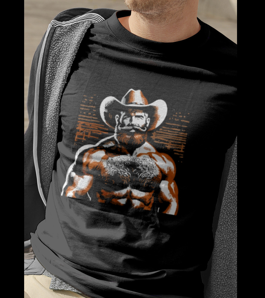 Hairy Cowboy Western Mustache Bearded Man Muscular Rancher T-Shirt