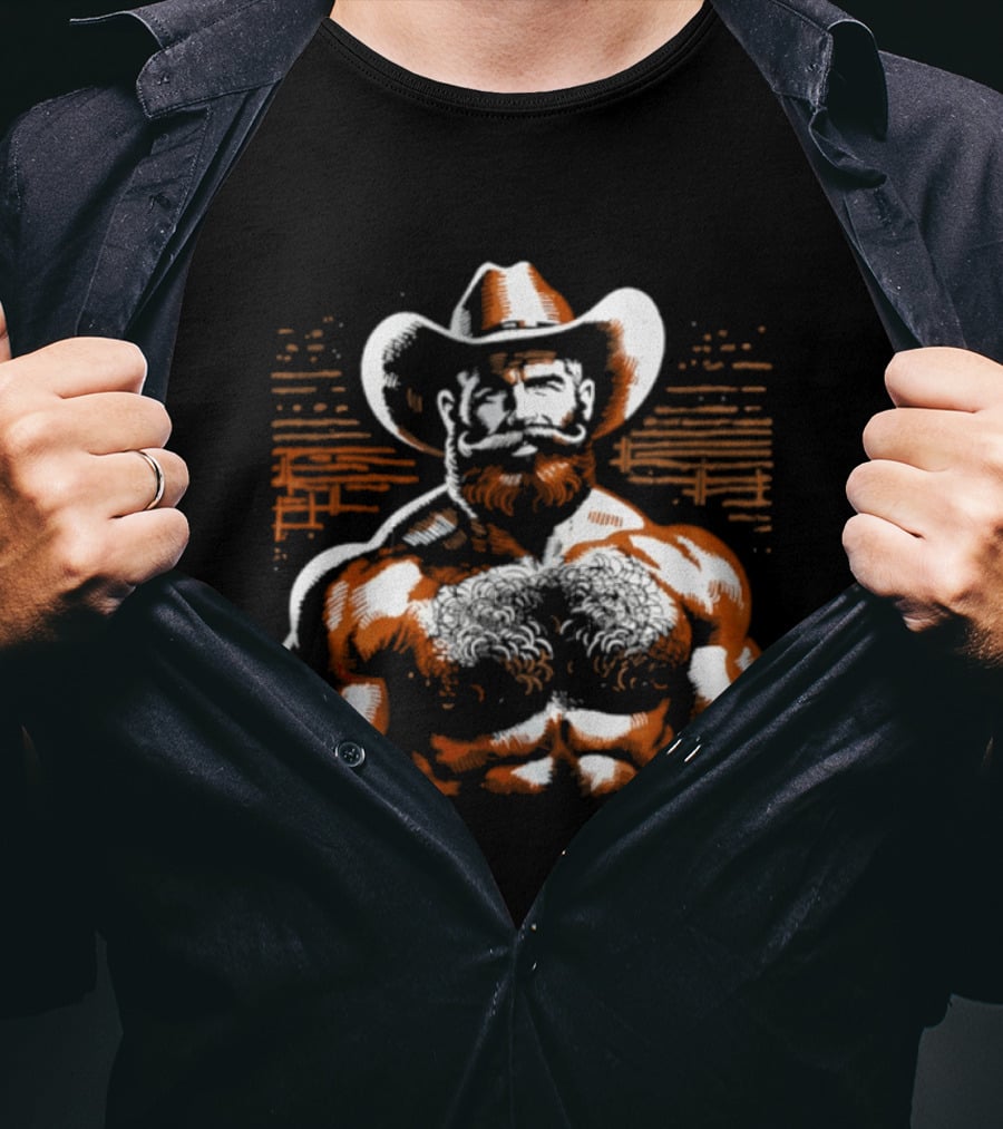 Hairy Cowboy Western Mustache Bearded Man Muscular Rancher T-Shirt