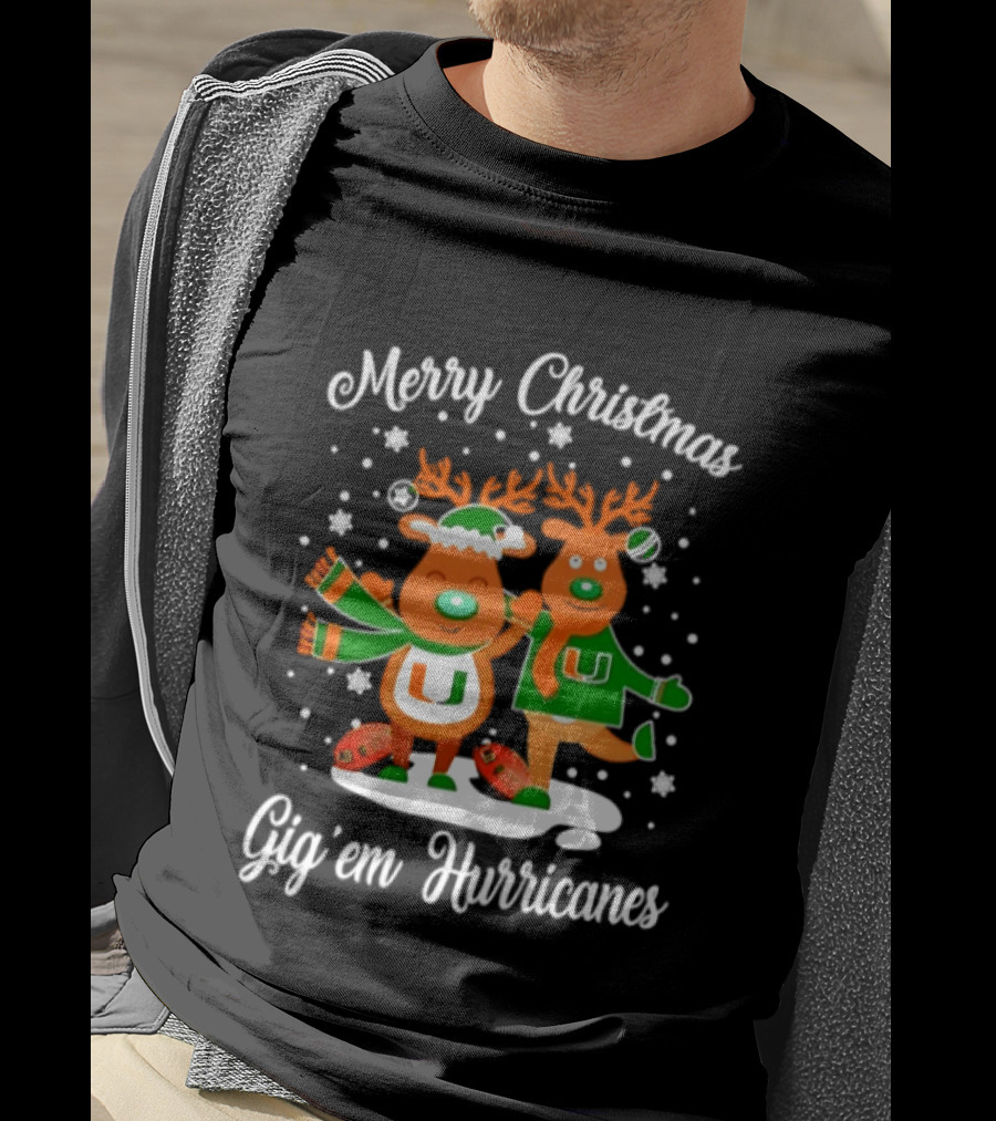 Merry Christmas Gig'em Hurricanes Miami NCAA Football 2026 Reindeer Sports Fan Holiday T-Shirt