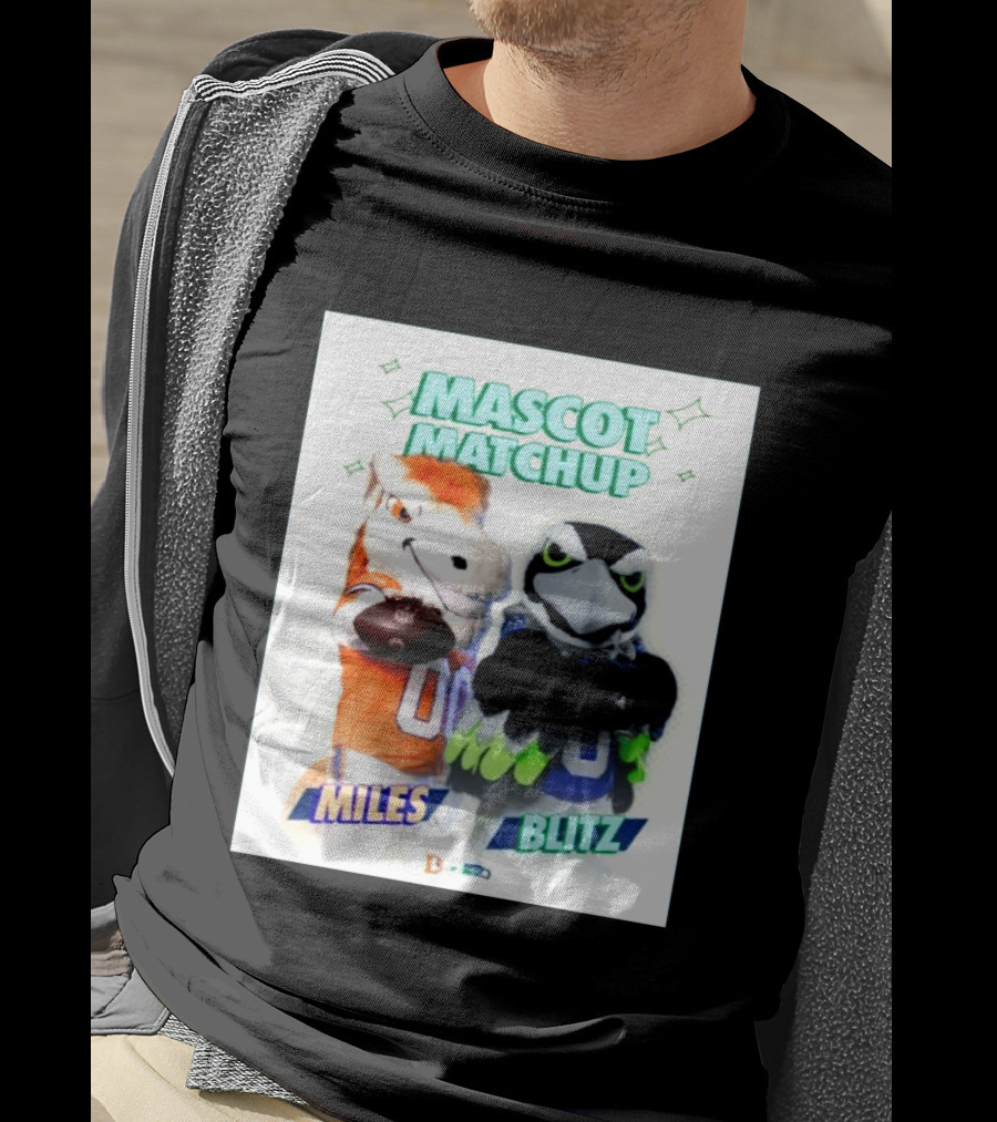 Mascot Matchup Miles Vs Blitz Denver Broncos Seattle Seahawks 2026 T-Shirt