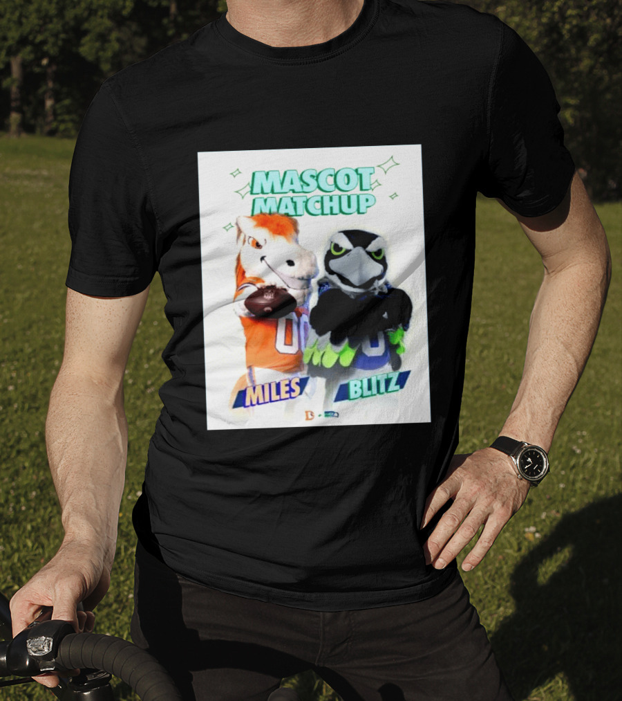 Mascot Matchup Miles Vs Blitz Denver Broncos Seattle Seahawks 2026 T-Shirt
