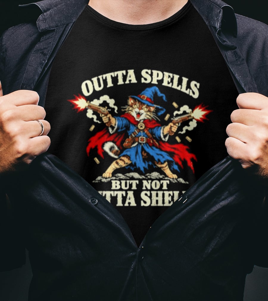 Outta Spells But Not Outta Shells Wizard Cat Pistol T-Shirt