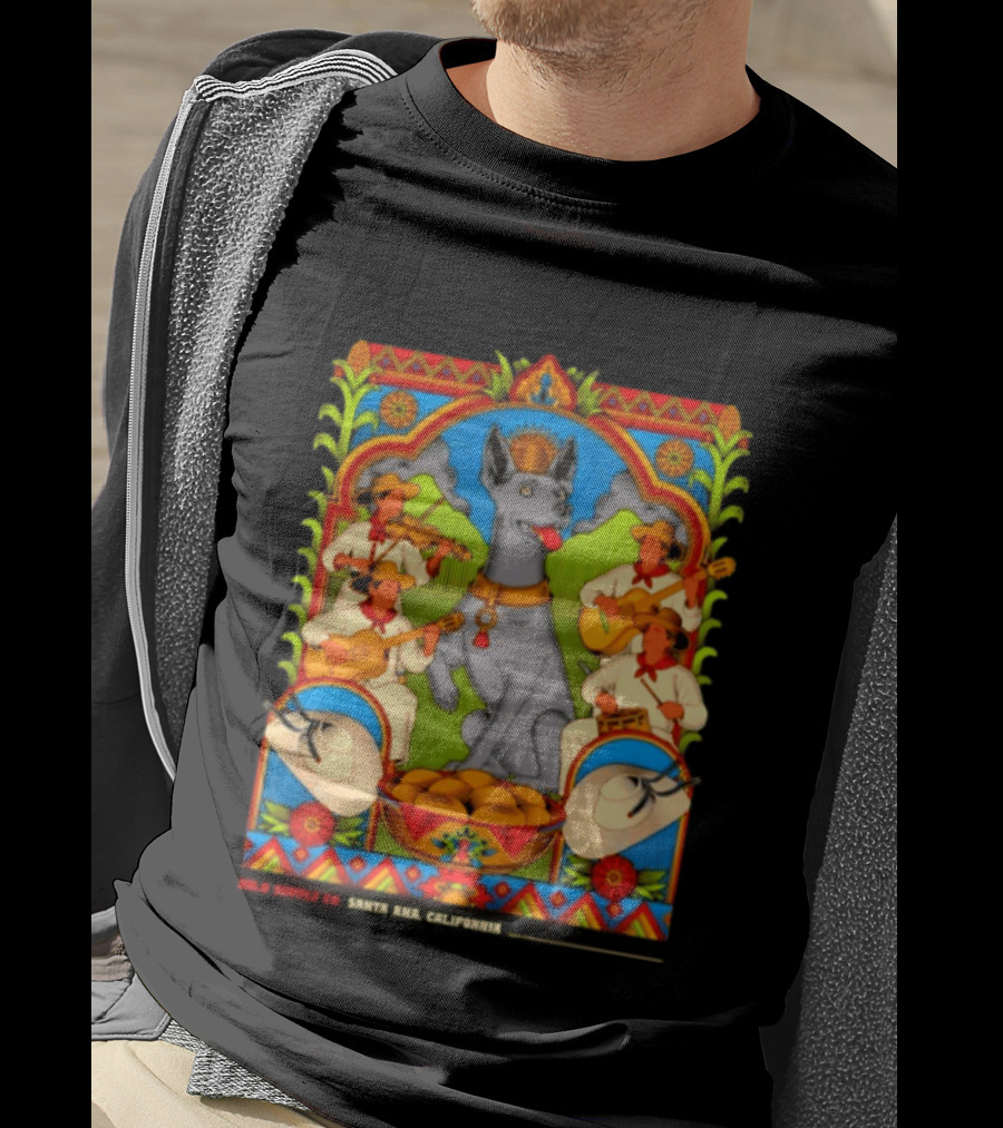 Xolo Supply Co Santa Ana California Xoloitzcuintli Vintage Mexican Art With Musicians And Dog T-Shirt