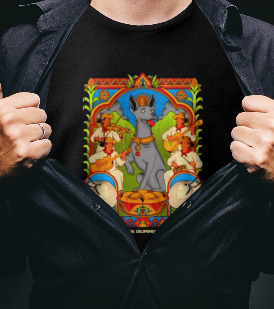 Xolo Supply Co Santa Ana California Xoloitzcuintli Vintage Mexican Art With Musicians And Dog T-Shirt