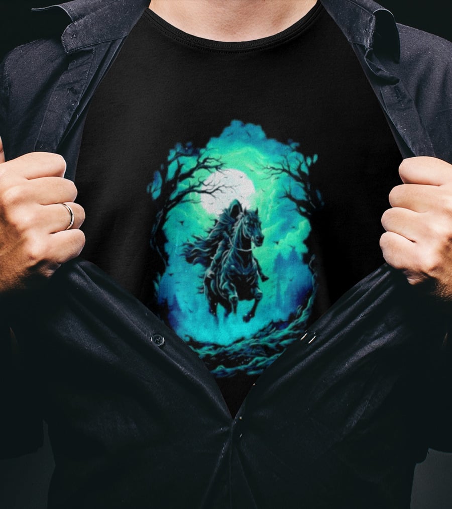 Shadow Rider Dark Fantasy Horse Moon Gothic Scene With Rider And Trees T-Shirt