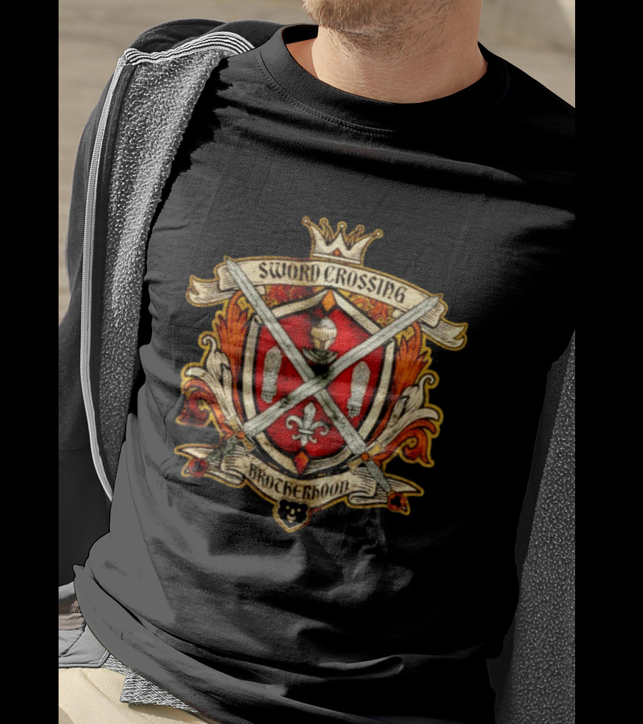 Sword Crossing Brotherhood Medieval Knight Coat Of Arms Crown Fleur De Lis Crest T-Shirt
