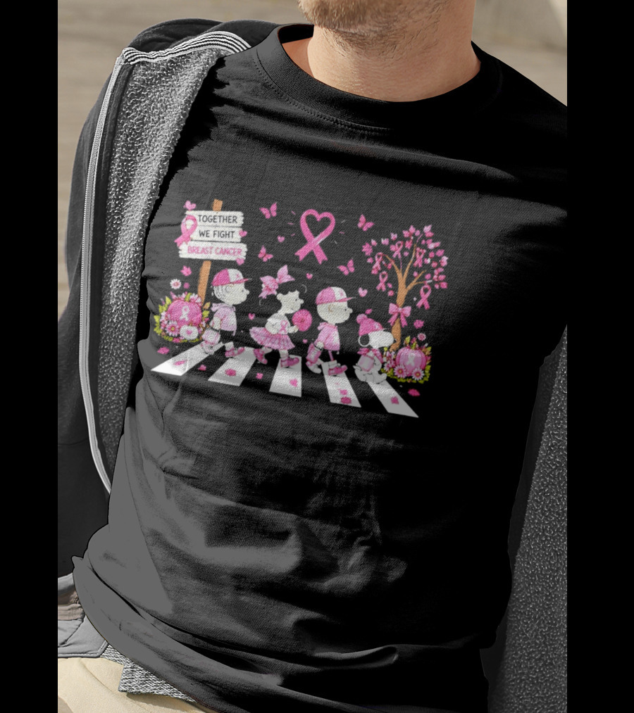 Together We Fight Breast Cancer Peanuts Characters Abbey Road Pink Ribbon Butterflies T-Shirt