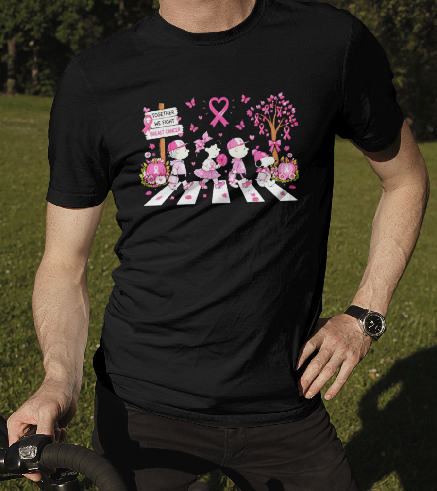Together We Fight Breast Cancer Peanuts Characters Abbey Road Pink Ribbon Butterflies T-Shirt