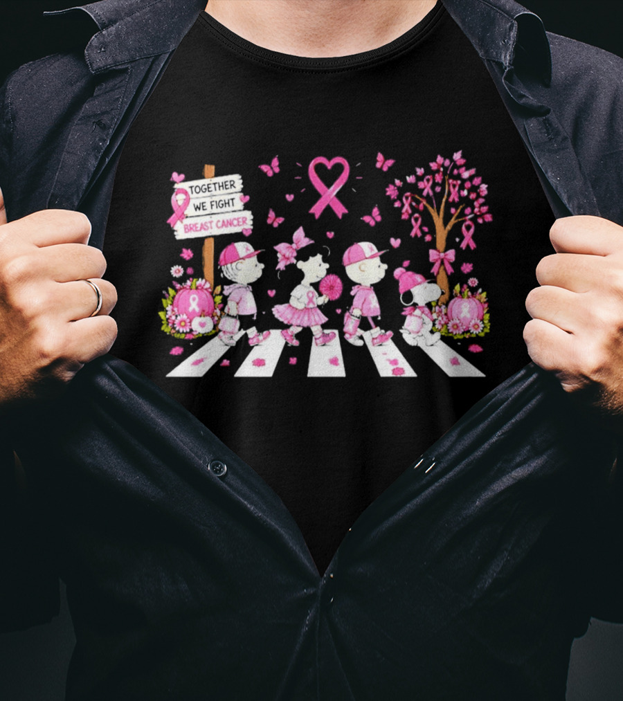 Together We Fight Breast Cancer Peanuts Characters Abbey Road Pink Ribbon Butterflies T-Shirt