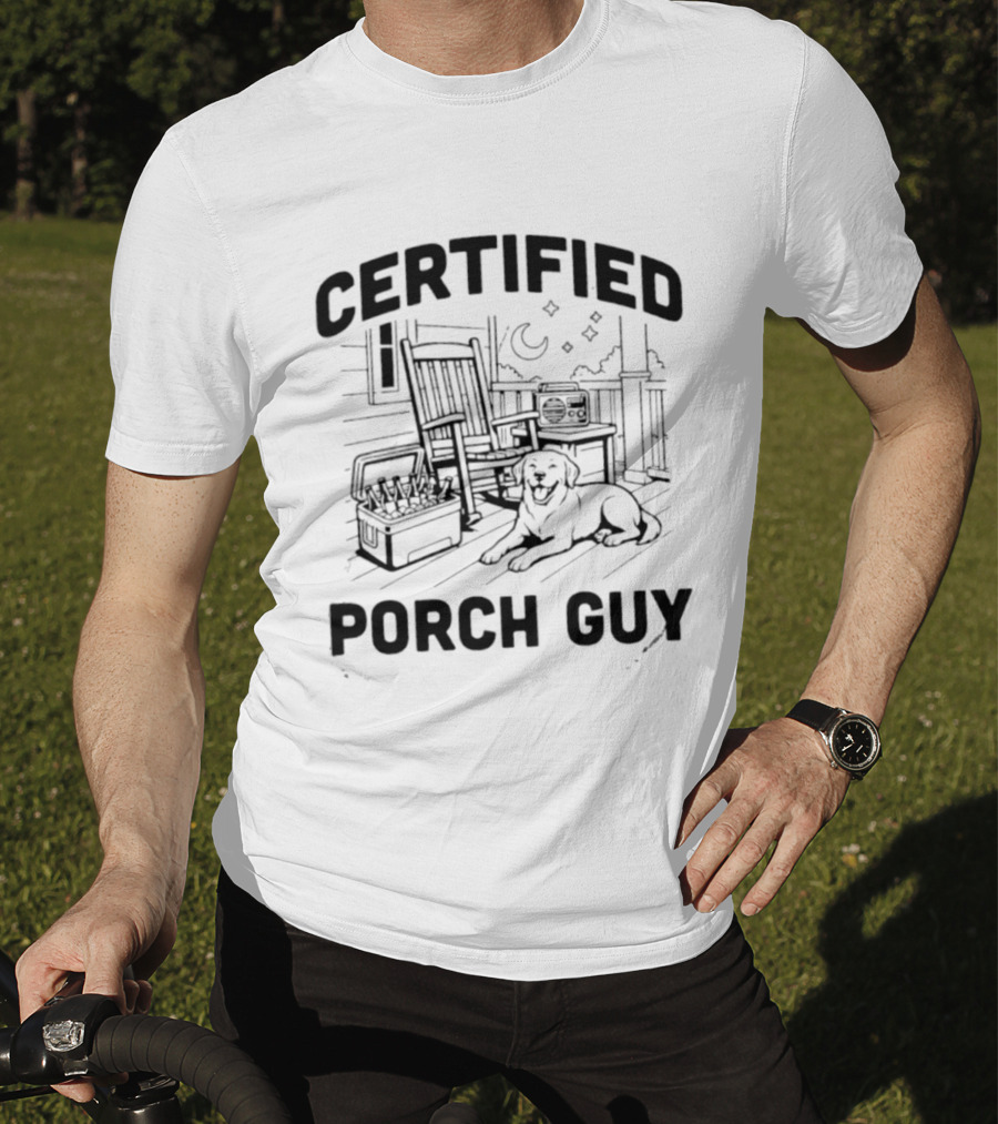 Certified Porch Guy Rocking Chair Dog Lover Night Scene T-Shirt